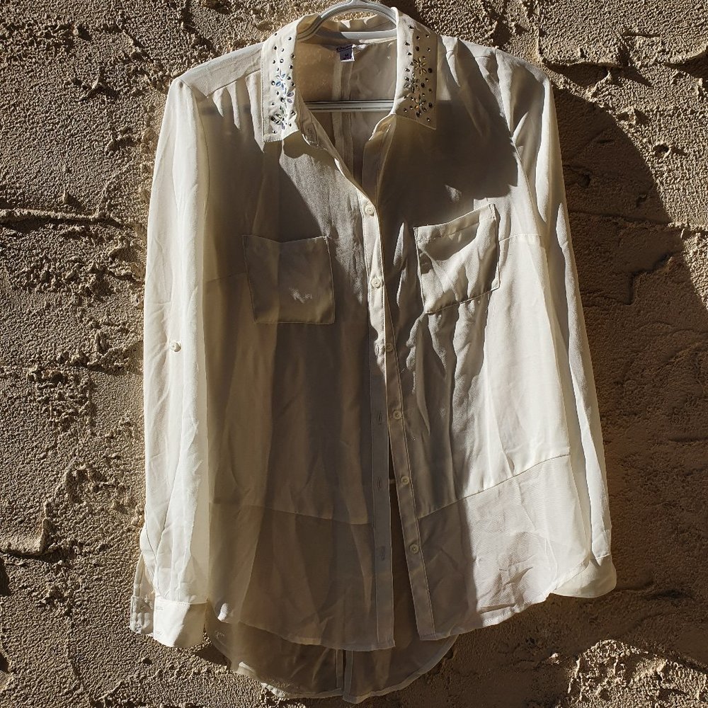 Candies Sheer Blouse w/ Rhinestone Collar